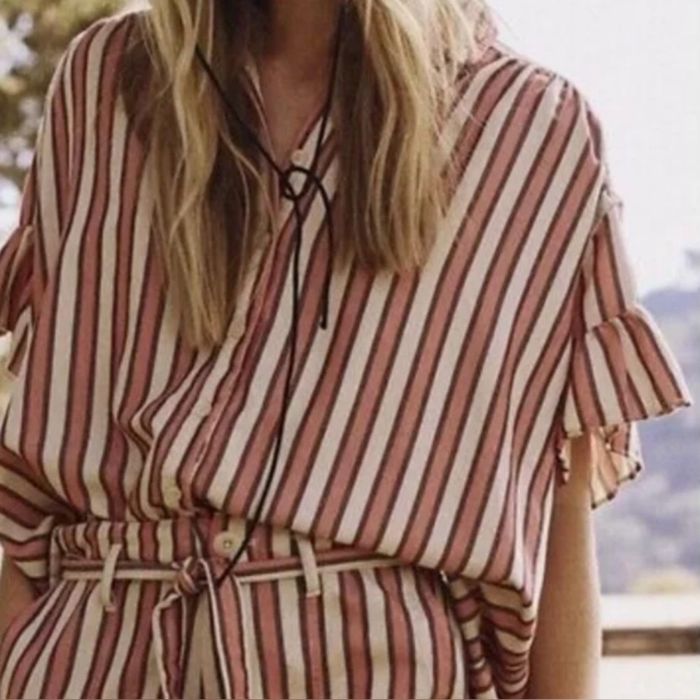 THE GREAT.‎ Flounce Sleeve Pink Striped Blouse